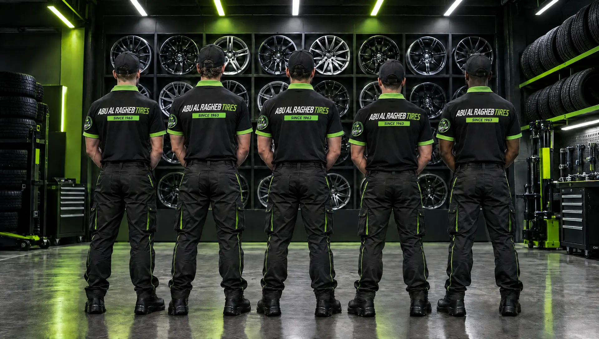 Abu Al-Ragheb Tires team in front of the rim wall, Amman