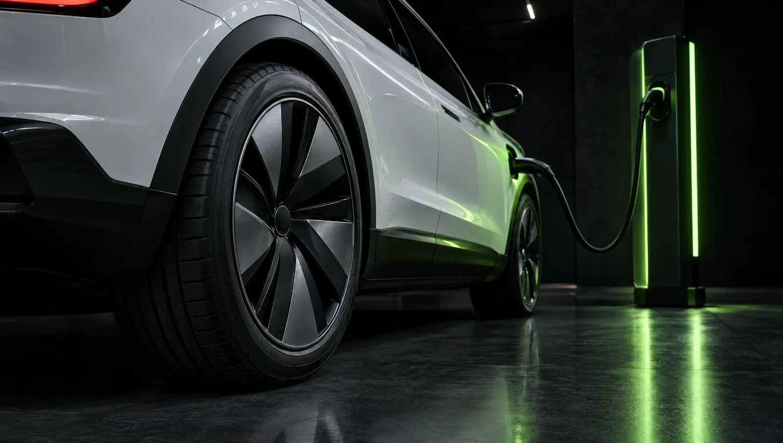 سيارة كهربائية بإطارات EV عند نقطة شحن