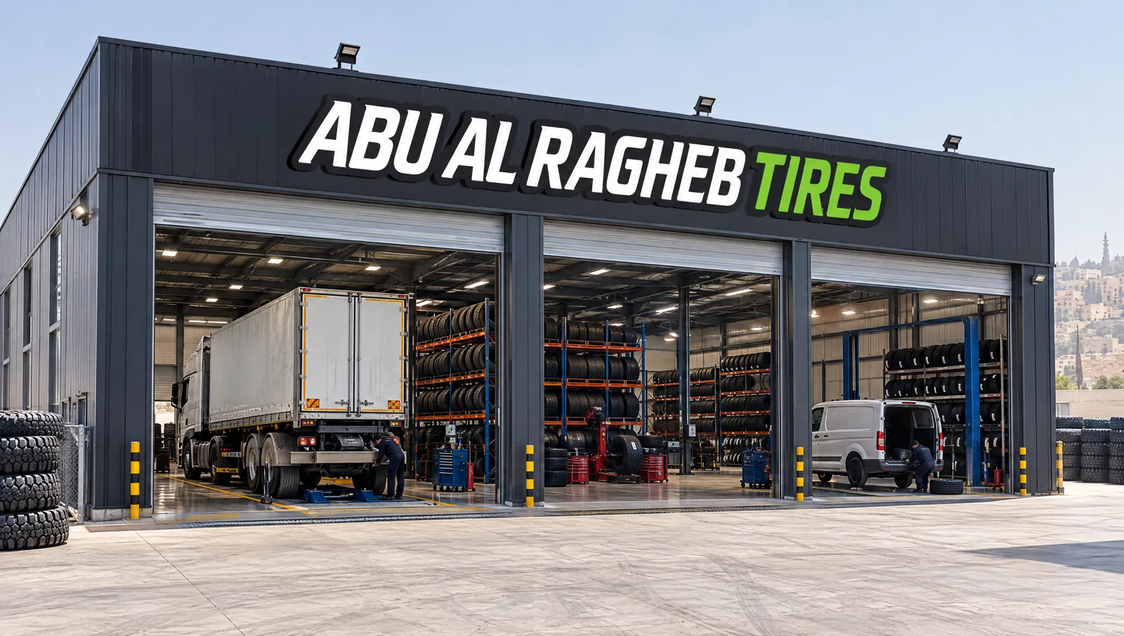 فرع أبو الراغب للإطارات البيادر — جنوط دفع رباعي وإطارات طرق وعرة في واجهة المعرض، عمّان