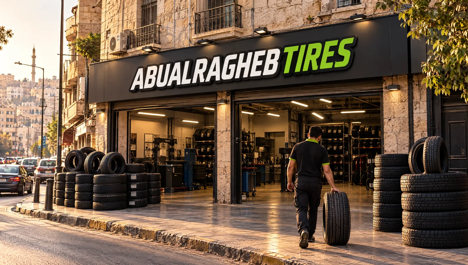 فرع أبو الراغب للإطارات المحطة — صالة خدمة شاحنات وفانات مع رفوف إطارات، عمّان