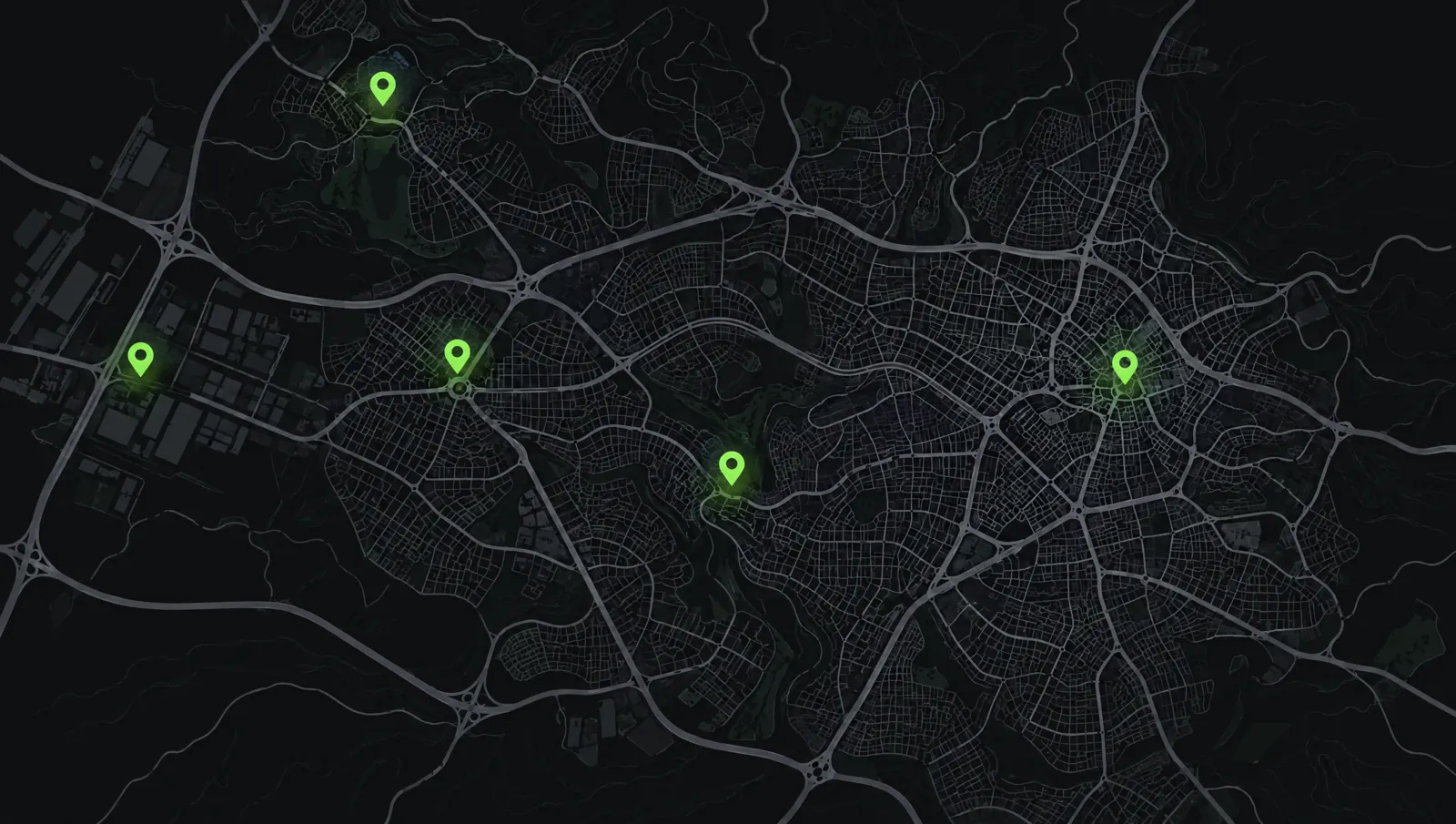 Dark map of Amman with five pins marking Abu Al-Ragheb Tires branches