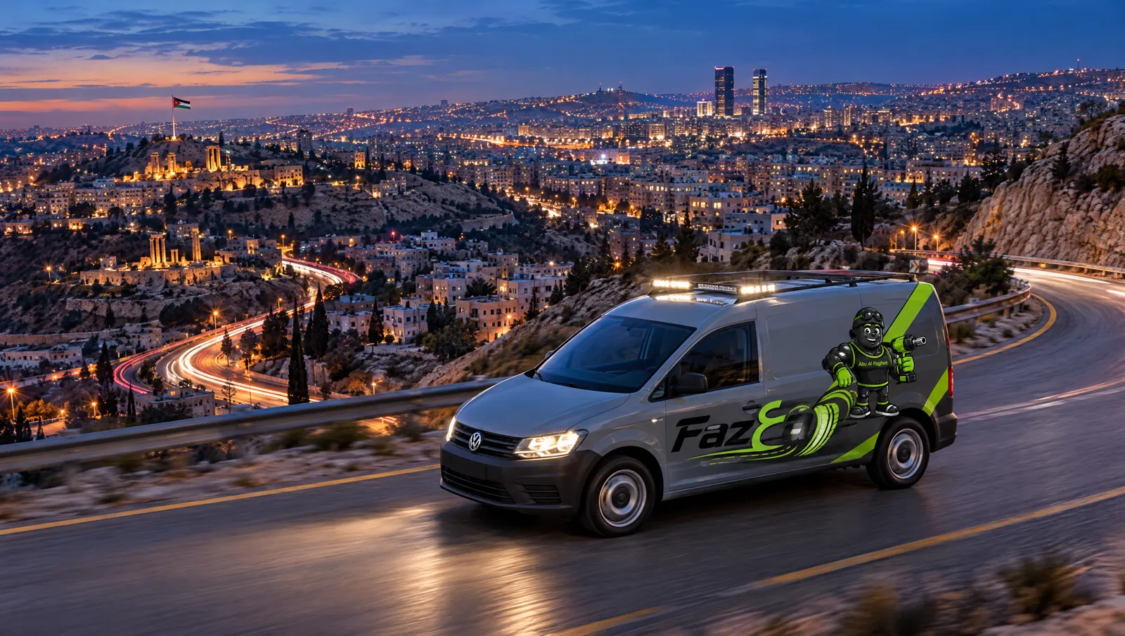 Aerial view of Amman at night with a Faz3a van on the road — coverage: Amman and nearby areas