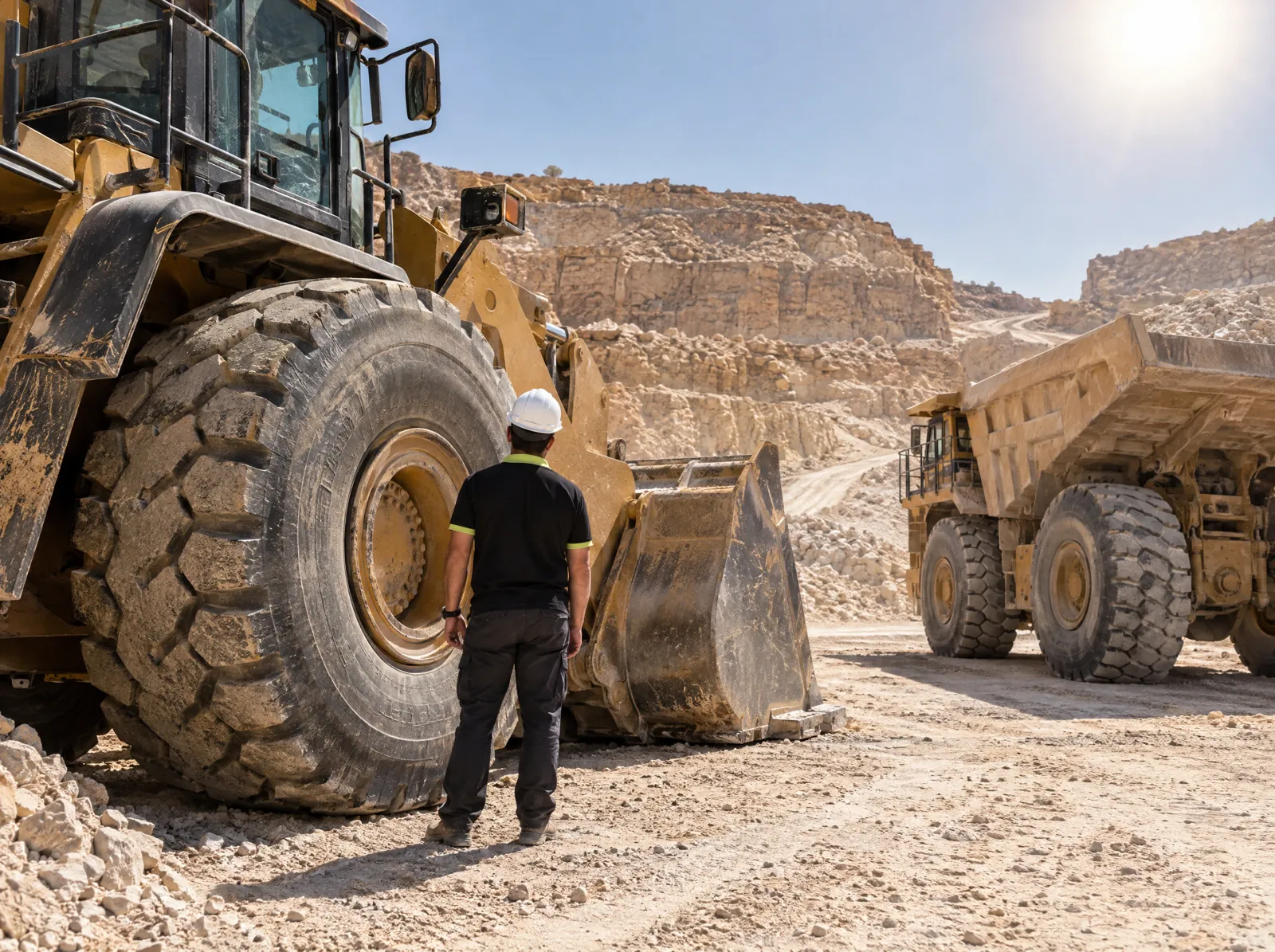 Technician in a hard hat beside a giant loader tire in a quarry with a dump truck behind