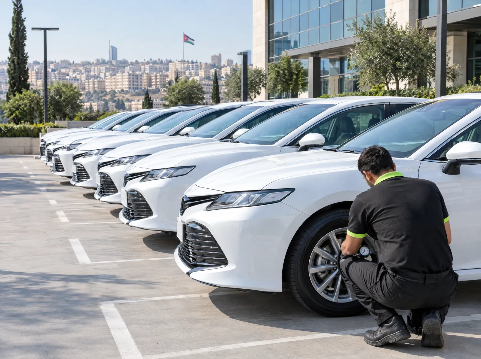 Abu Al-Ragheb technician checking tire pressure on a row of white staff pool sedans in Amman