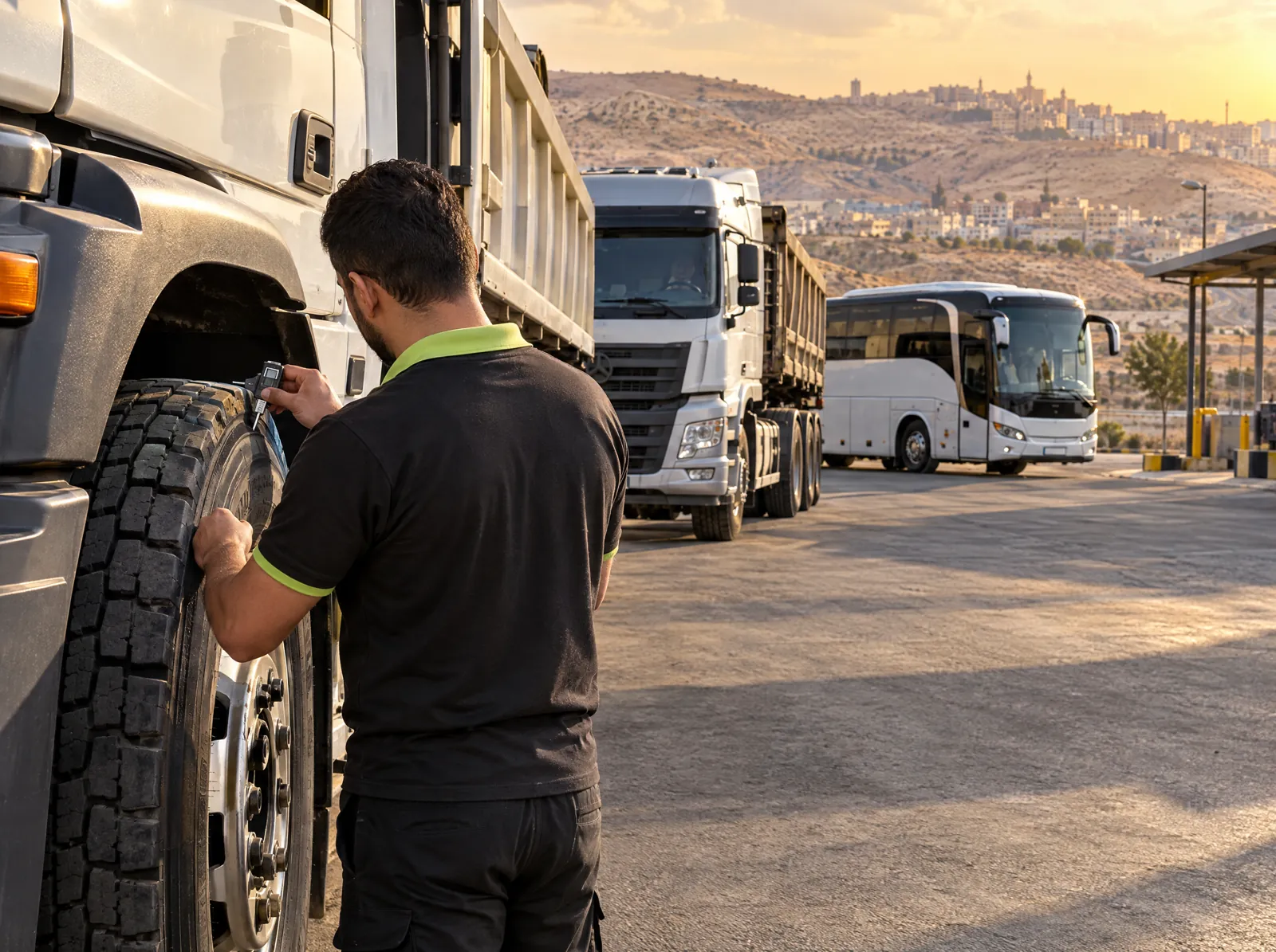 Technician measuring truck tire tread depth with a truck and coach behind in a fleet yard