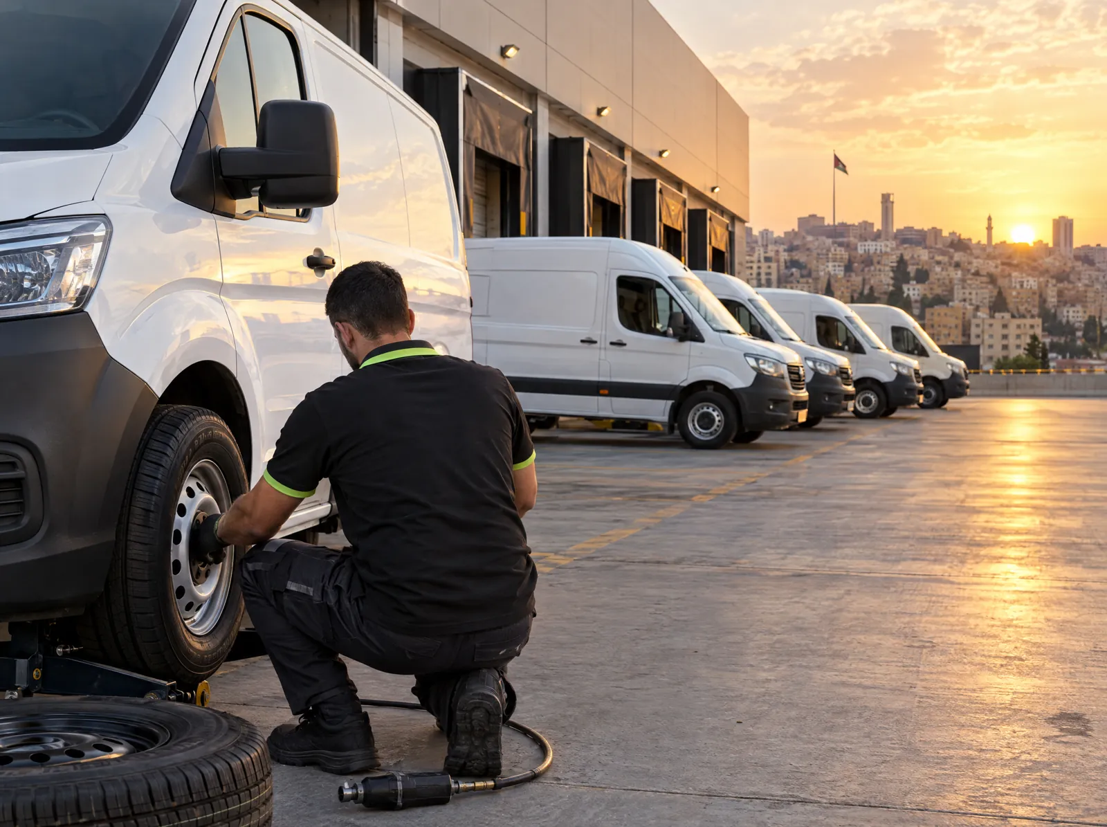 Technician changing a delivery van tire in front of a white van fleet at sunset in Amman