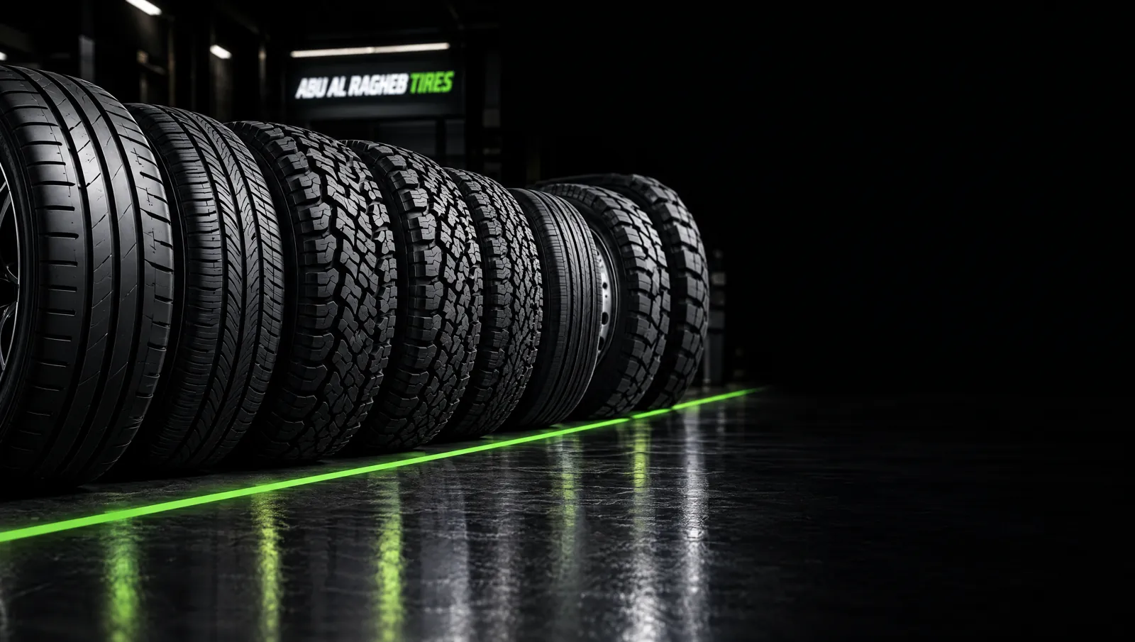 Row of passenger, SUV, 4x4 and truck tires in the Abu Al-Ragheb Tires showroom
